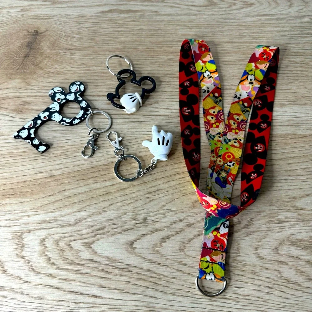 Disney Parks Lanyard‎ and Keychains Set Of 4 Mickey Mouse Gloves Door Opener
